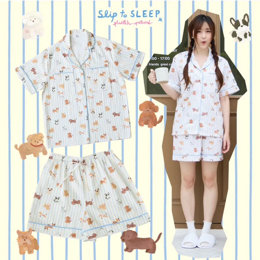 Cream Pup Shorts Set by SliptoSleep